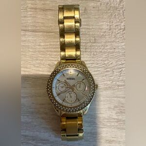 Fossil Women’s Gold Tone Crystal Bezel Watch with Mother of Pearl Dial